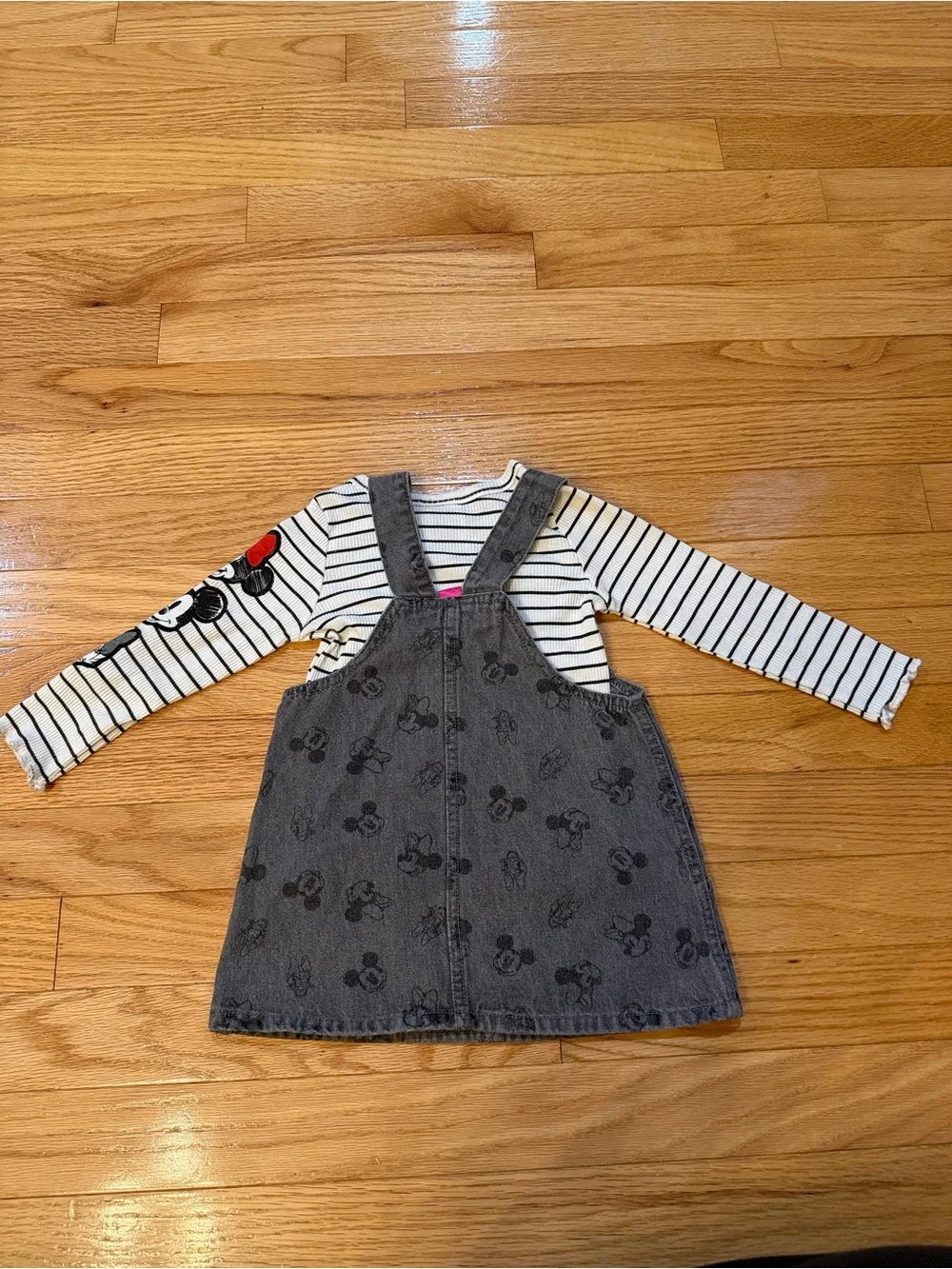 Disney Gray Denim Minnie Pinafore Dress with Striped Top